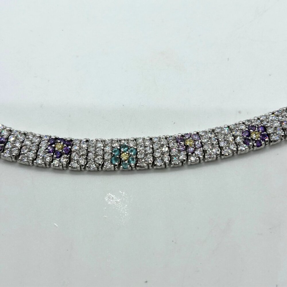 Vintage Rhinestone Tennis Bracelet Multicolor Flower Design W/ Safety Clasp 7.5" - Picture 3 of 16
